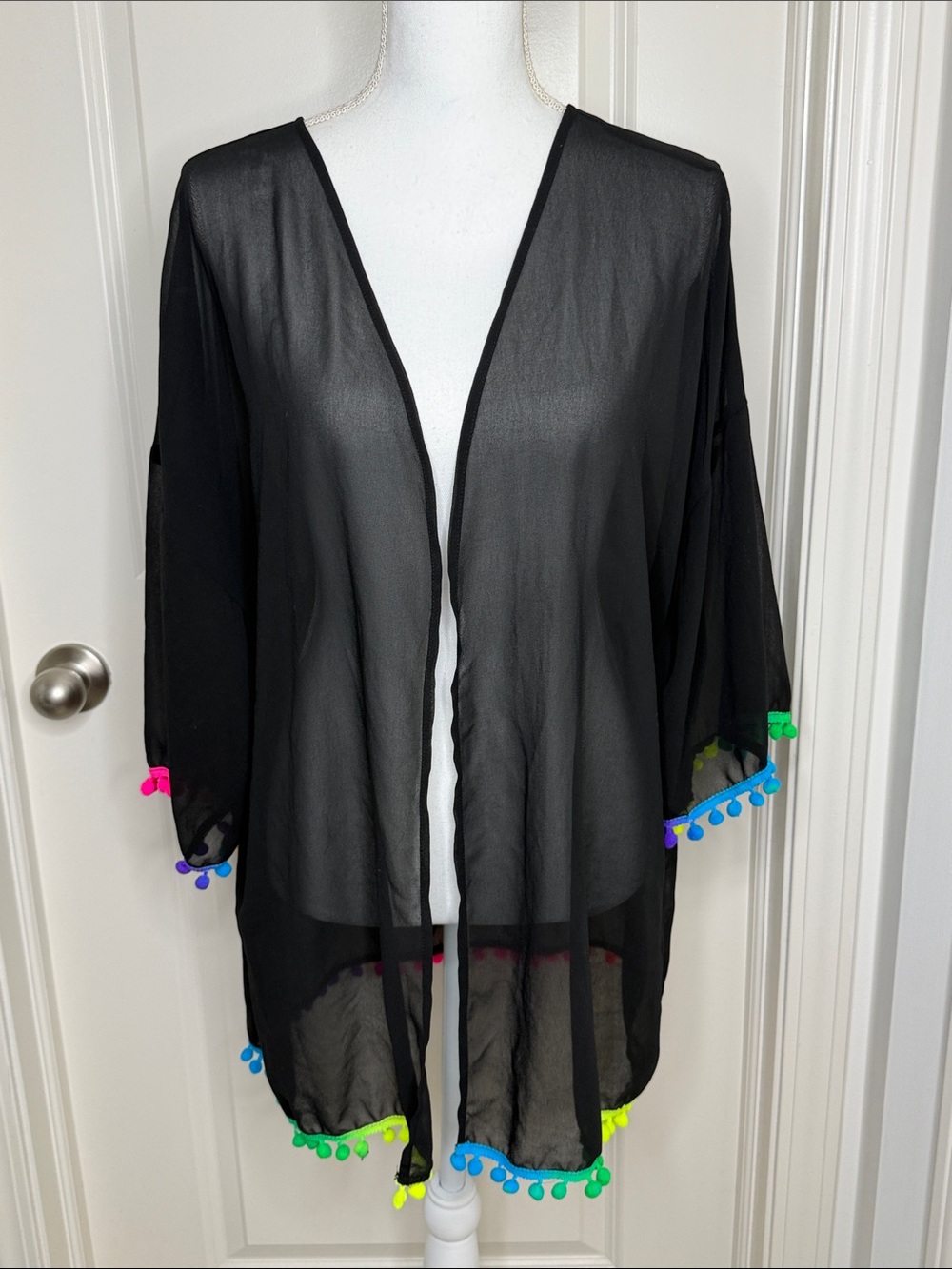 Sheer Black Kimono with Neon Pom Trim size 2XL